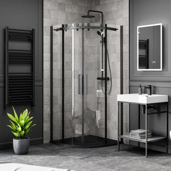 Arezzo Matt Black 800 x 800mm Frameless Quadrant Shower Enclosure with Black Tray