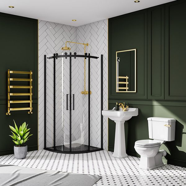 Arezzo Matt Black 900 x 900mm Frameless Quadrant Shower Enclosure with Black Tray - Image 2