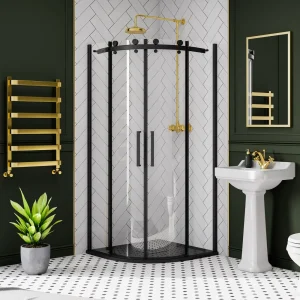 Arezzo Matt Black 900 x 900mm Frameless Quadrant Shower Enclosure with Black Tray