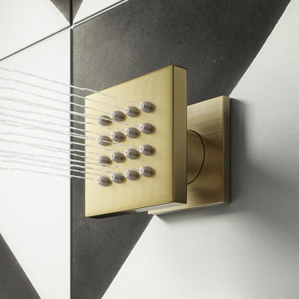 Arezzo Brushed Brass Square Shower System (Valve with Fixed Shower Head + 4 Body Jets) - Image 4