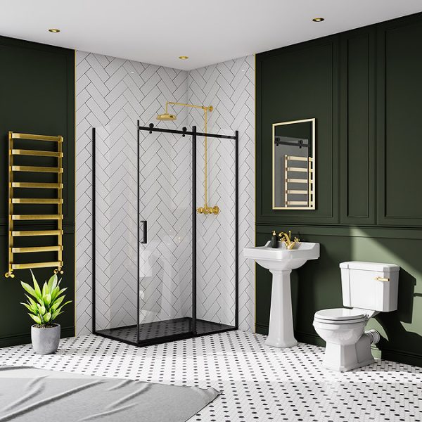 Arezzo Matt Black 1200 x 800 Frameless Sliding Door Shower Enclosure with Black Tray - Image 2