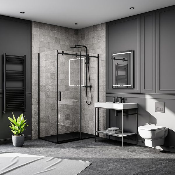 Arezzo Matt Black 1200 x 900 Frameless Sliding Door Shower Enclosure with Black Tray - Image 2