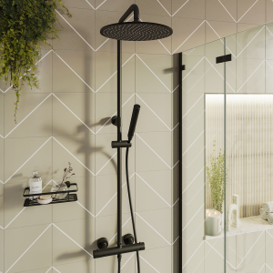 Arezzo Deluxe Cool Touch Round Thermostatic Shower (250mm Head   Matt Black)