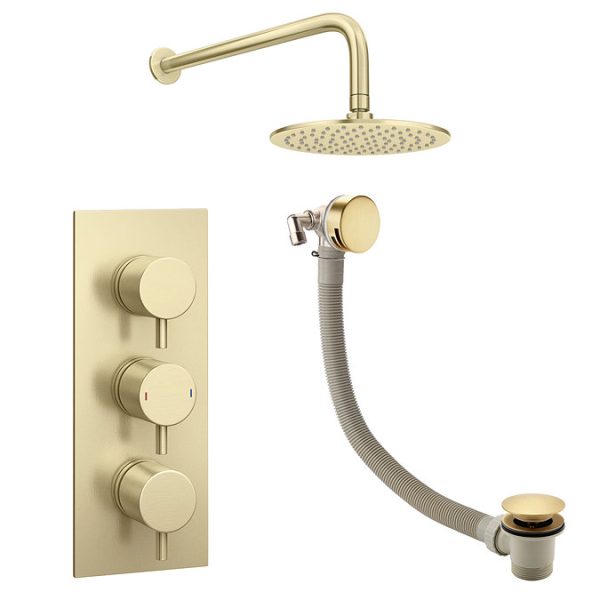 Arezzo Round Brushed Brass 2 Outlet Shower System (Fixed Shower Head + Overflow Bath Filler) - Image 2