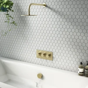 Arezzo Round Brushed Brass 2 Outlet Shower System (Fixed Shower Head + Overflow Bath Filler)