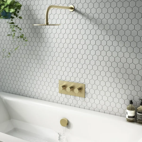 Arezzo Round Brushed Brass 2 Outlet Shower System (Fixed Shower Head + Overflow Bath Filler)