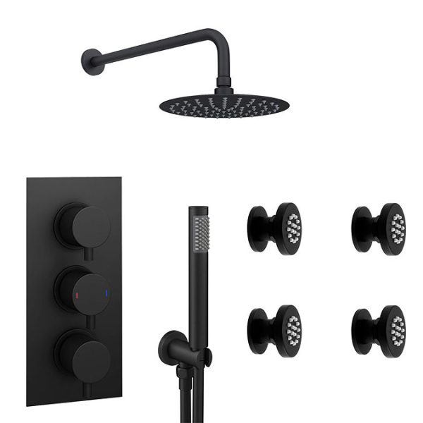 Arezzo Matt Black Round Concealed Triple Shower Valve with Diverter, Handset, Fixed Shower Head + 4 Body Jets - Image 2