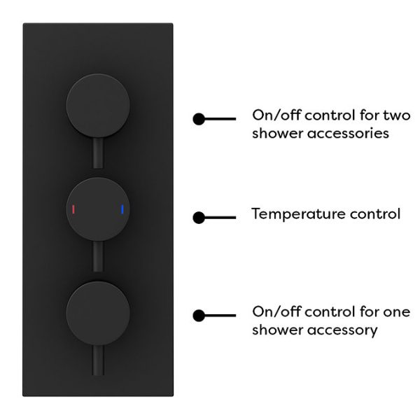 Arezzo Matt Black Round Concealed Triple Shower Valve with Diverter, Handset, Fixed Shower Head + 4 Body Jets - Image 7
