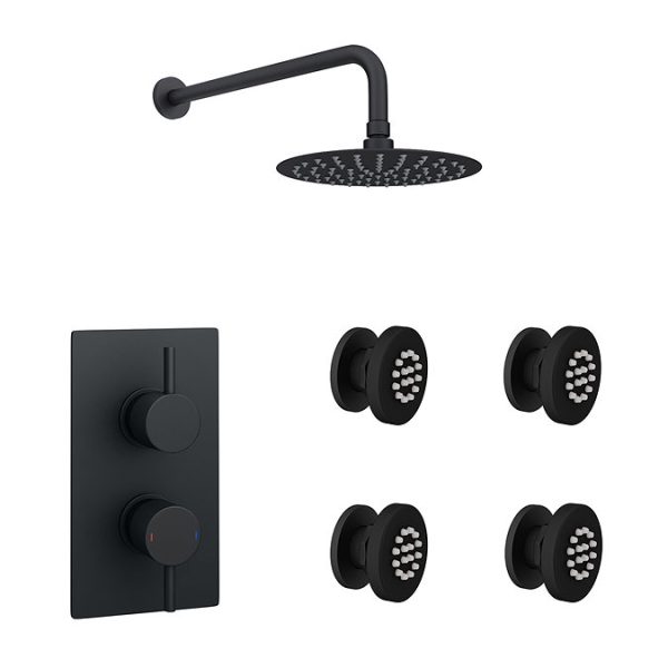 Arezzo Matt Black Round Shower System with Diverter, Fixed Shower Head + 4 Body Jets - Image 2