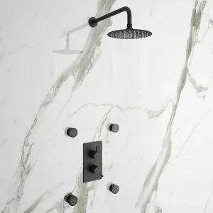 Arezzo Matt Black Round Shower System with Diverter, Fixed Shower Head + 4 Body Jets