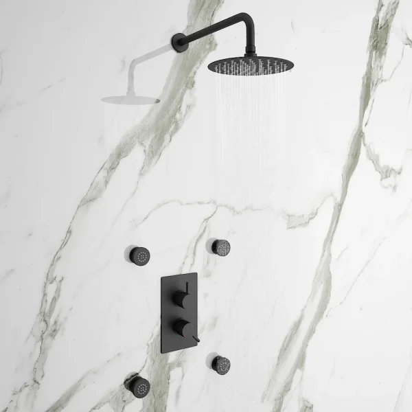 Arezzo Matt Black Round Shower System with Diverter, Fixed Shower Head + 4 Body Jets