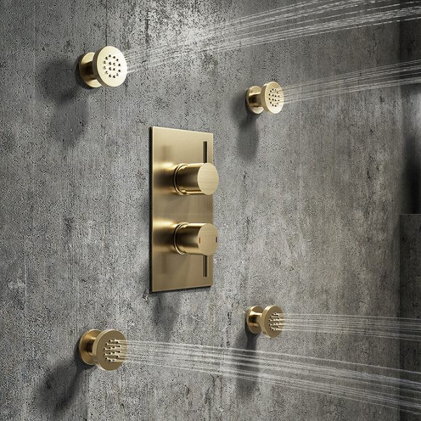 Arezzo Brushed Brass Round Shower System with Diverter, Fixed Shower Head + 4 Body Jets - Image 5