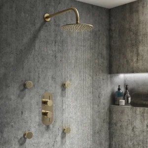 Arezzo Brushed Brass Round Shower System with Diverter, Fixed Head + 4 Body Jets (Oval Faceplate)