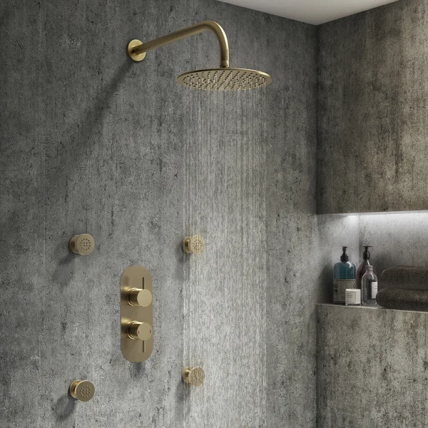 Arezzo Brushed Brass Round Shower System with Diverter, Fixed Head + 4 Body Jets (Oval Faceplate)