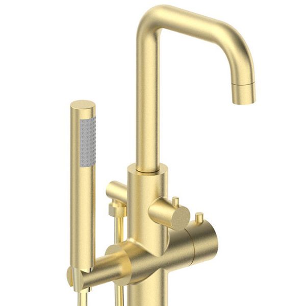 Arezzo Round Thermostatic Floor Mounted Freestanding Bath Shower Mixer Brushed Brass - Image 3