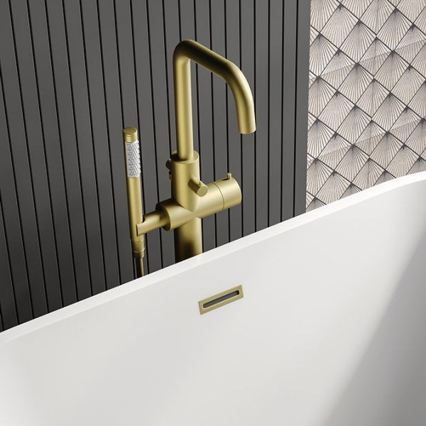 Arezzo Round Thermostatic Floor Mounted Freestanding Bath Shower Mixer Brushed Brass - Image 5