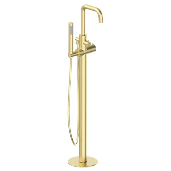 Arezzo Round Thermostatic Floor Mounted Freestanding Bath Shower Mixer Brushed Brass