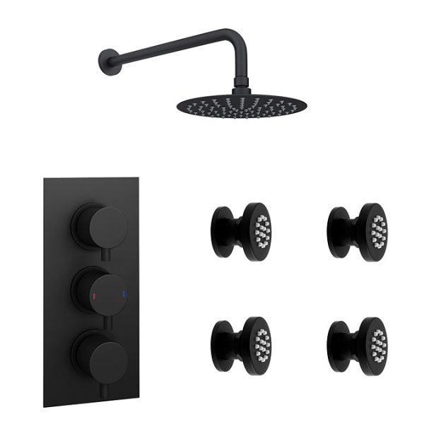 Arezzo Matt Black Round Concealed Triple Shower Valve with Fixed Head + 4 Body Jets - Image 2