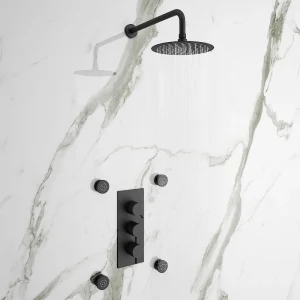 Arezzo Matt Black Round Concealed Triple Shower Valve with Fixed Head + 4 Body Jets