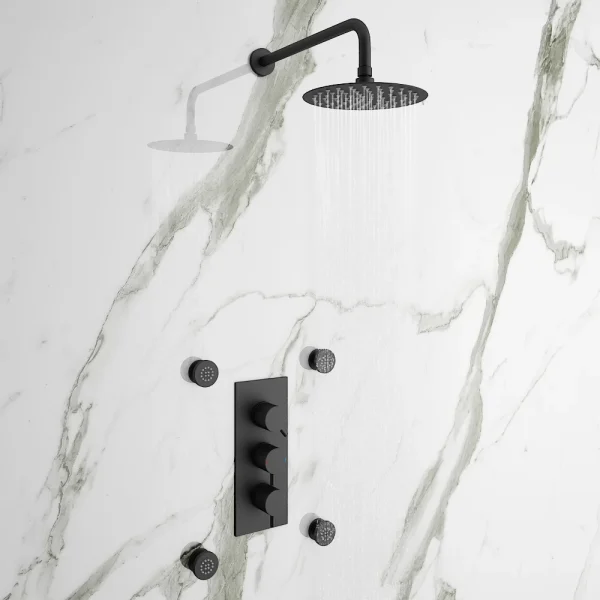 Arezzo Matt Black Round Concealed Triple Shower Valve with Fixed Head + 4 Body Jets