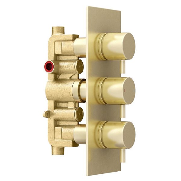 Arezzo Brushed Brass Round Concealed Triple Shower Valve with Fixed Head + 4 Body Jets - Image 2