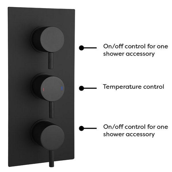 Arezzo Matt Black Round Concealed Triple Shower Valve with Fixed Head + 4 Body Jets - Image 7