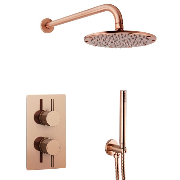 Arezzo Rose Gold Round Shower System (Twin Valve with Diverter, Wall Mounted Head + Handset) - Image 4