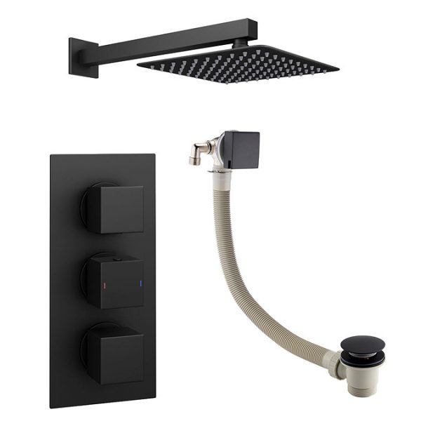 Arezzo Square Matt Black 2 Outlet Shower System (Fixed Shower Head + Overflow Bath Filler) - Image 2