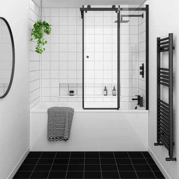 Arezzo Square Single Ended Bath with Matt Black Sliding Bath Screen