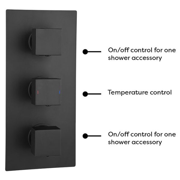 Arezzo Matt Black Square Triple Thermostatic Shower Pack with Flat Fixed Head + Handset - Image 3