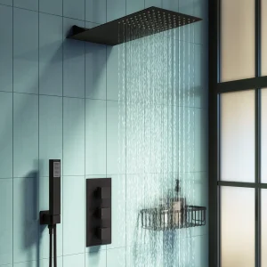Arezzo Matt Black Square Triple Thermostatic Shower Pack with Flat Fixed Head + Handset