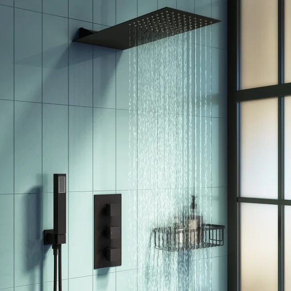 Arezzo Matt Black Square Triple Thermostatic Shower Pack with Flat Fixed Head + Handset