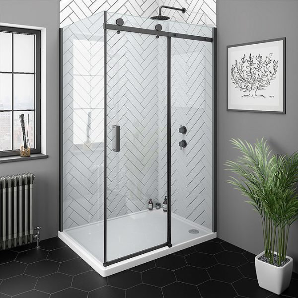 Arezzo Matt Black 1400 x 900 Frameless Sliding Door Shower Enclosure - Image 4
