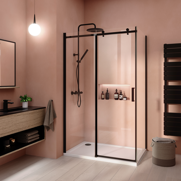 Arezzo Matt Black 1400 x 900 Frameless Sliding Door Shower Enclosure