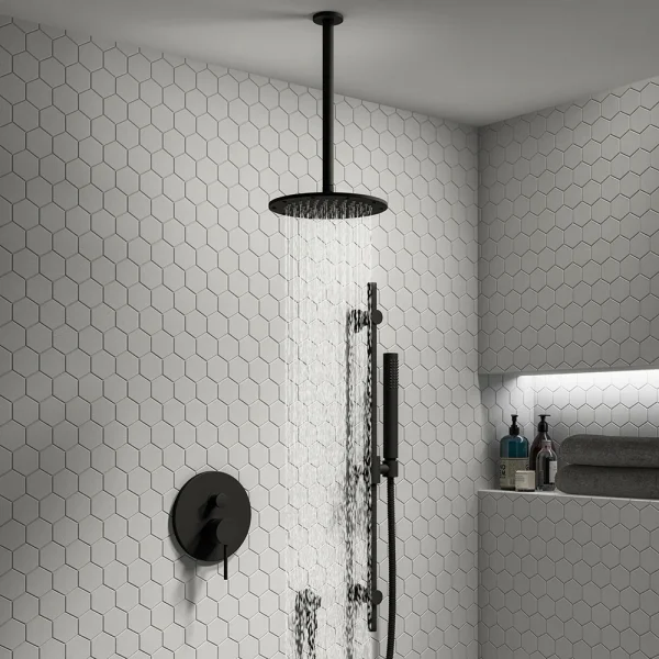 Arezzo Matt Black Shower System (Valve incl. 200mm Ceiling Mounted Head + Slide Rail Kit with Handset)