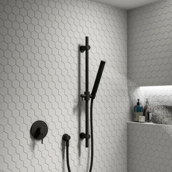 Arezzo Matt Black Round Shower Valve incl. Slide Rail Kit with Pencil Handset