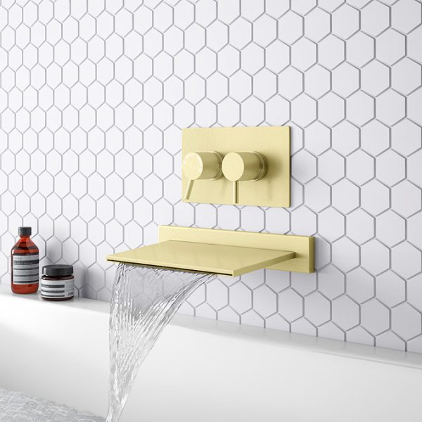 Arezzo Brushed Brass Slimline Waterfall Wall Mounted Bath Spout - Image 2
