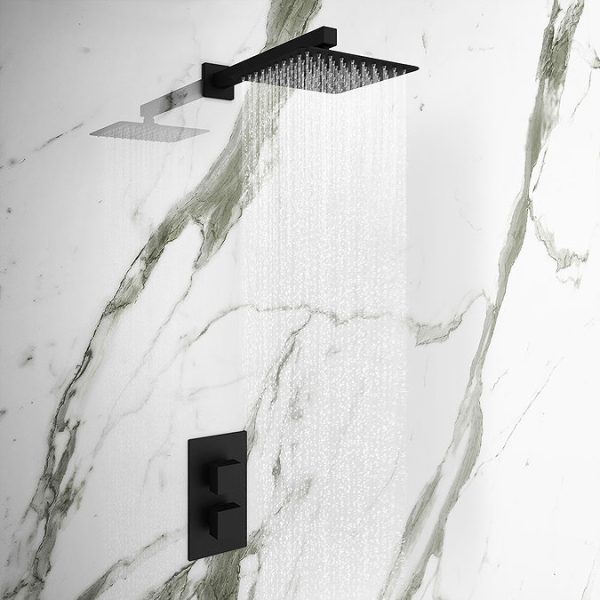 Arezzo Square Matt Black 2 Outlet Shower System (Fixed Shower Head + Slimline Waterfall Bath Spout) - Image 7