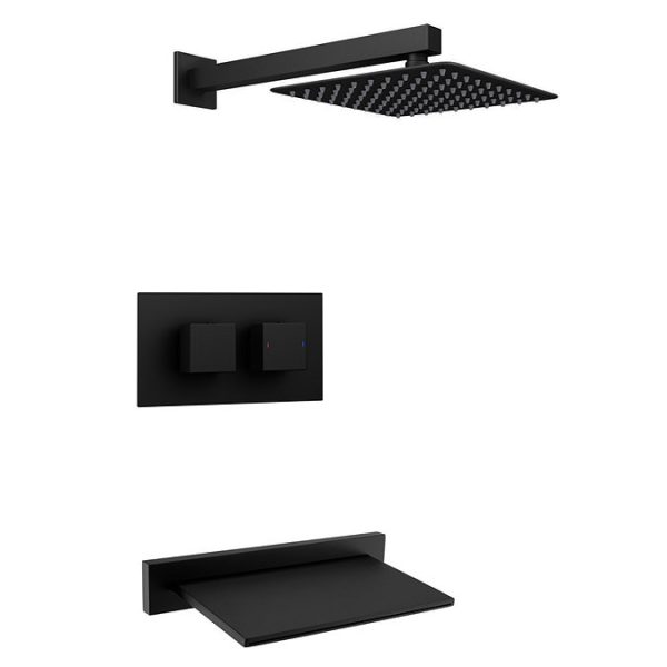 Arezzo Square Matt Black 2 Outlet Shower System (Fixed Shower Head + Slimline Waterfall Bath Spout) - Image 3