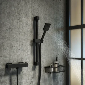 Arezzo Matt Black Square Thermostatic Bar Valve + Slide Rail Kit