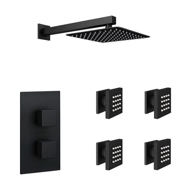 Arezzo Matt Black Square Shower System with Diverter, Fixed Shower Head + 4 Body Jets - Image 2