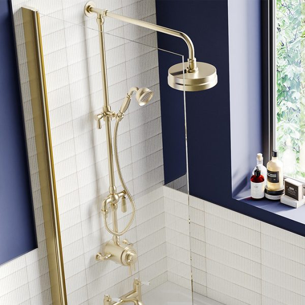 Arezzo Brushed Brass Dual Exposed Valve with Rigid Riser Kit, 195mm Shower Head, Handshower & Diverter - Image 4