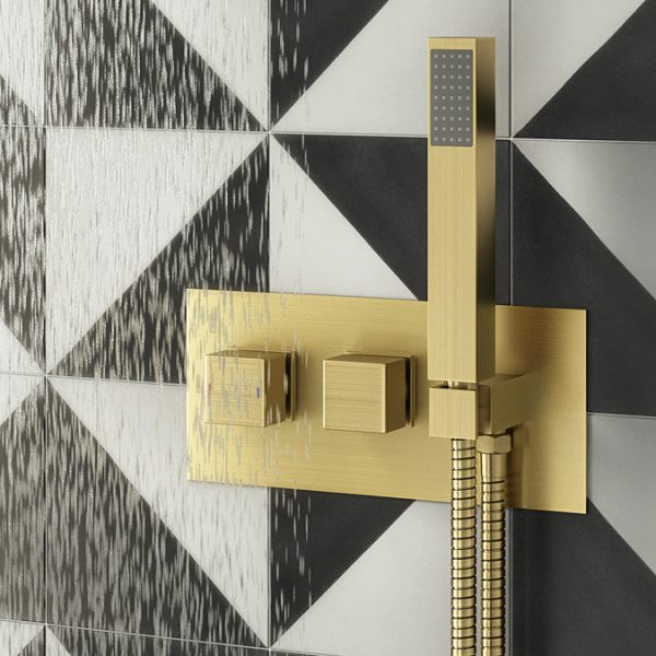 Arezzo Brushed Brass Square Shower System (300mm Fixed Head, Handset + Integrated Parking Bracket) - Image 4