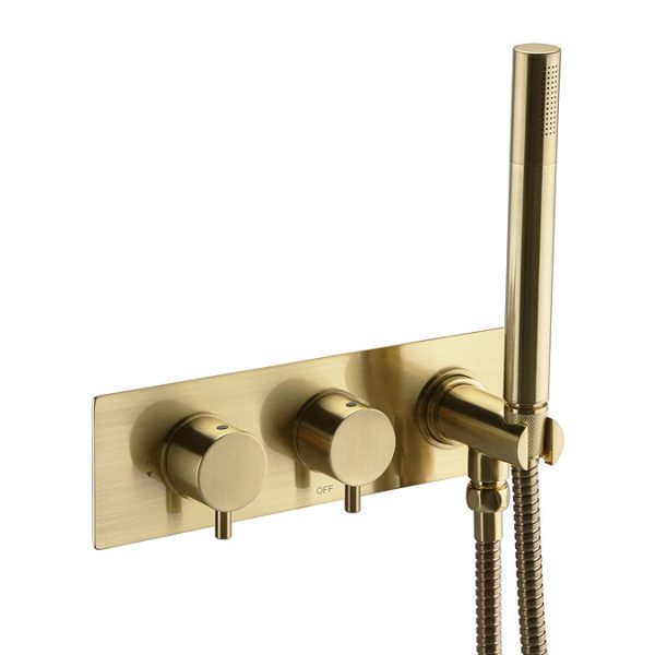 Arezzo Brushed Brass Round Shower System (Fixed Head, Handset + Integrated Parking Bracket) - Image 3