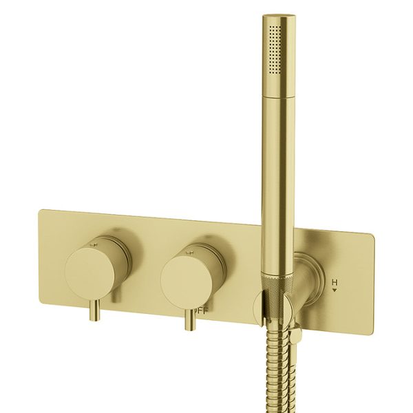 Arezzo Brushed Brass Round Shower System (Fixed Head, Handset + Integrated Parking Bracket) - Image 5