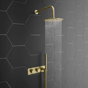 Arezzo Brushed Brass Round Shower System (Fixed Head, Handset + Integrated Parking Bracket)