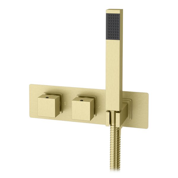 Arezzo Brushed Brass Square Wall Mounted Thermostatic Shower Valve with Handset + 200mm Fixed Shower Head - Image 3