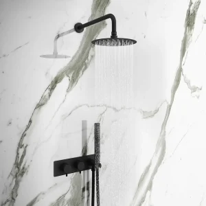 Arezzo Matt Black Round Shower System (Fixed Head, Handset + Integrated Parking Bracket)