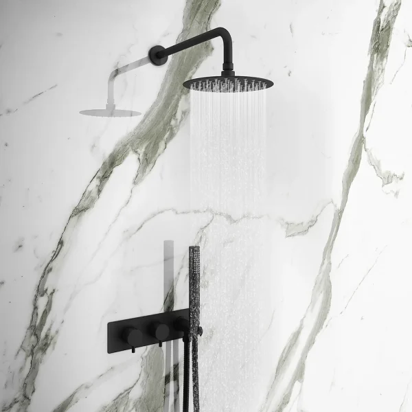 Arezzo Matt Black Round Shower System (Fixed Head, Handset + Integrated Parking Bracket)