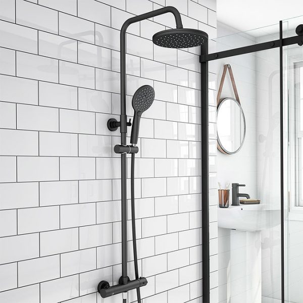 Arezzo Round Matt Black Shower Bath + Exposed Shower Pack (1700 B Shaped with Screen + Panel) - Image 2